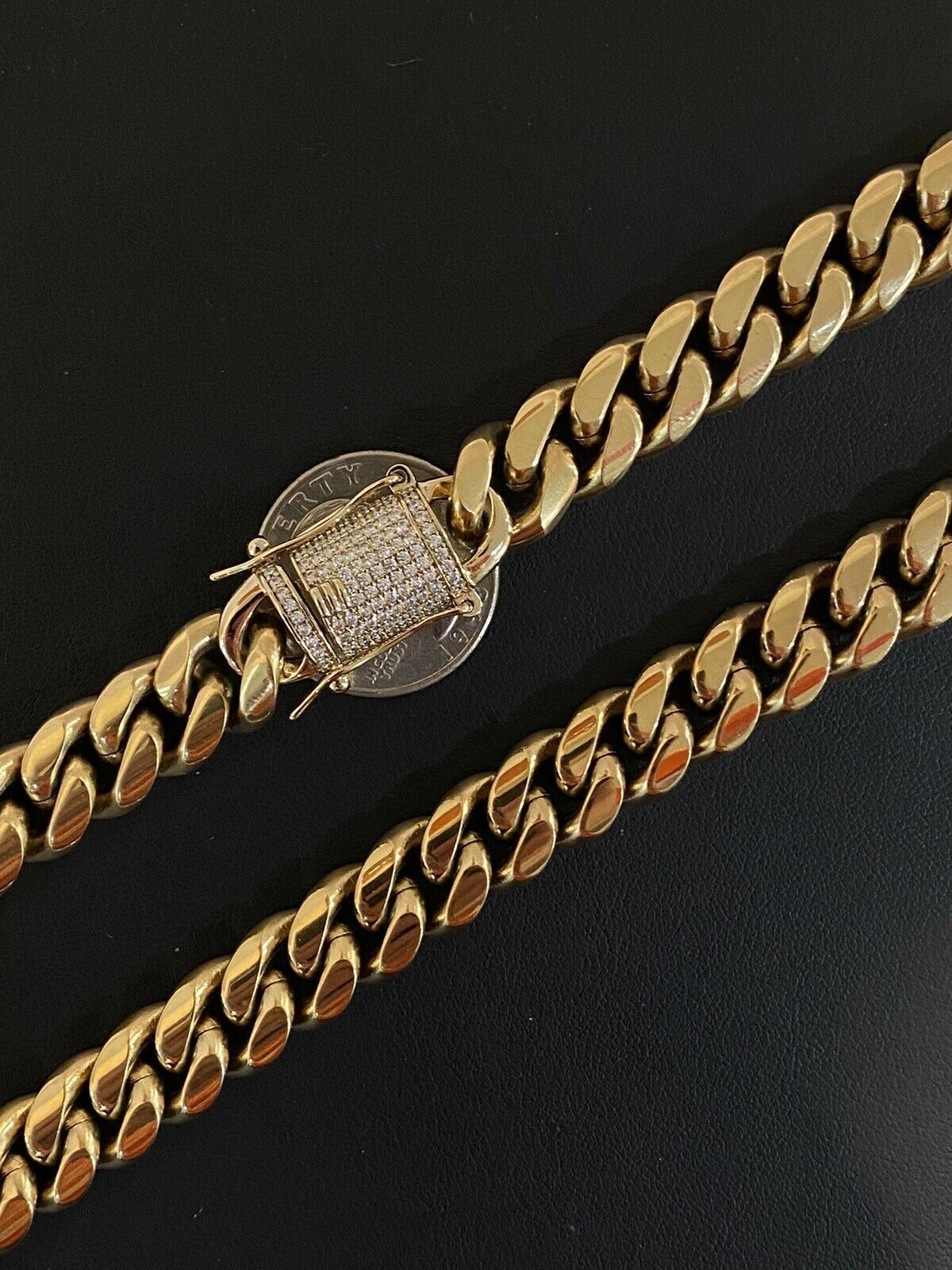 Mens Miami Cuban Chain 14k Gold Plated SS Choker Simulated Diamond Box Lock 18″