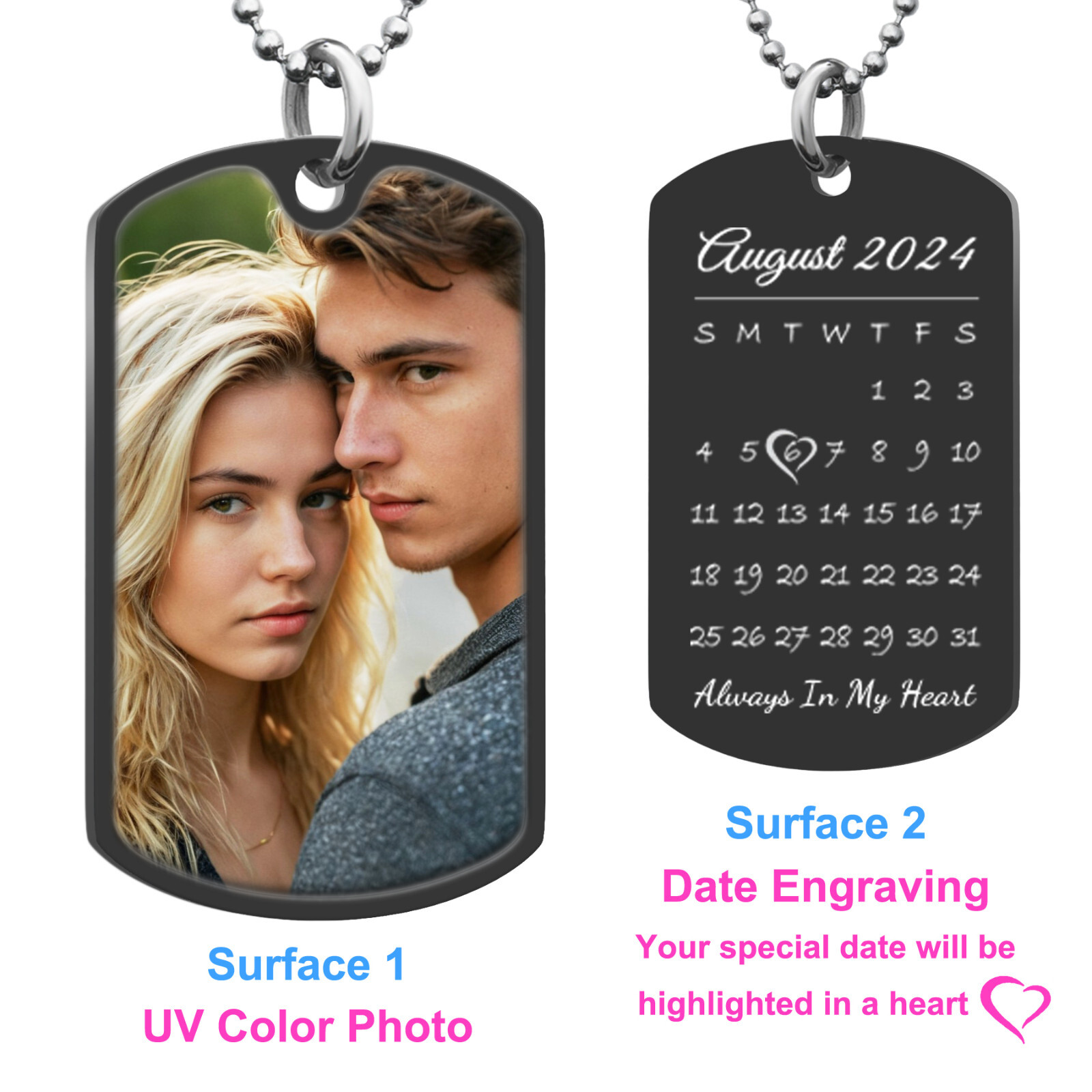Personalized Full Color Photo Printing & Custom Calendar Date Dog Tag Necklace