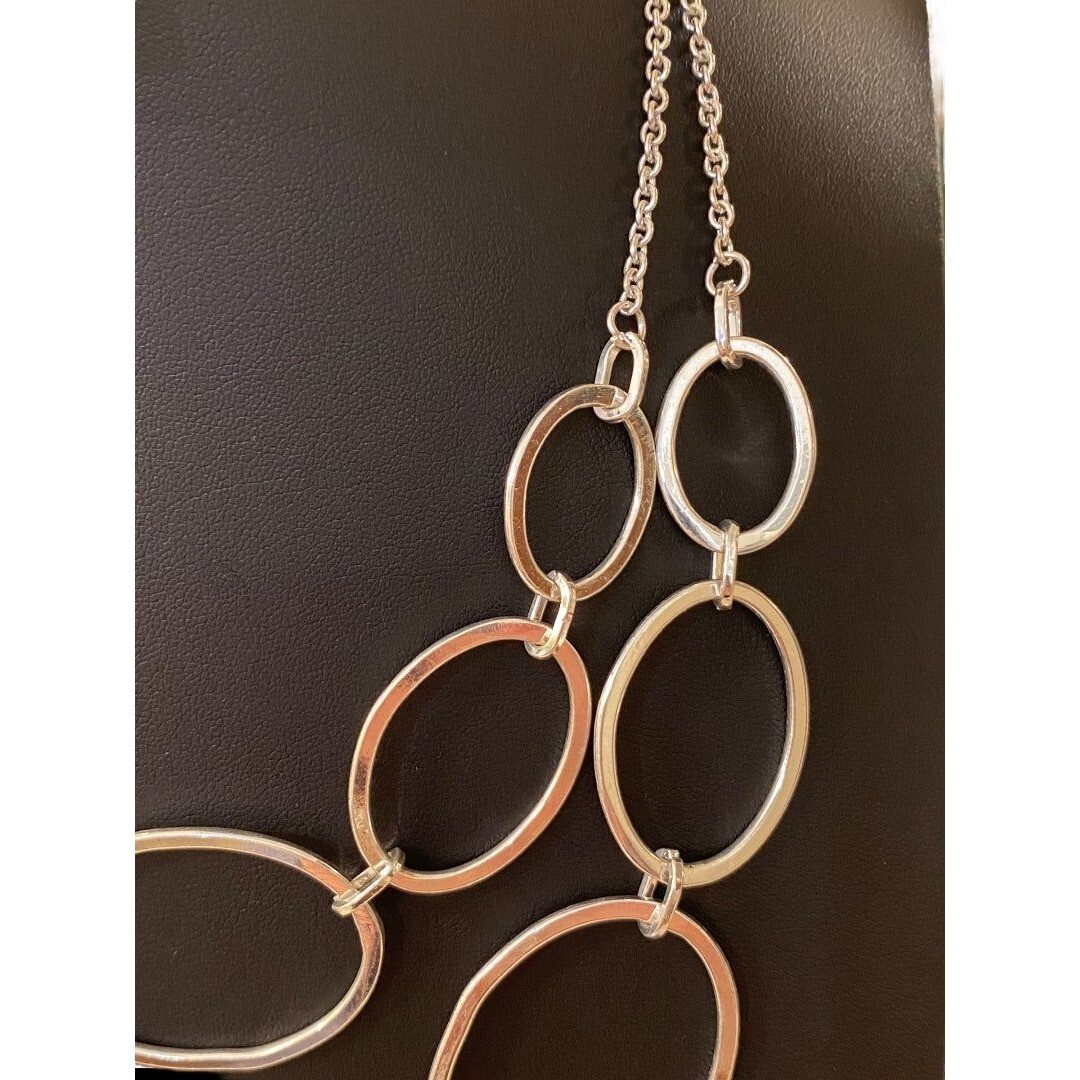 Silvertone Layered Bib Necklace 17-20″ Lays Flat Lightweight Statement
