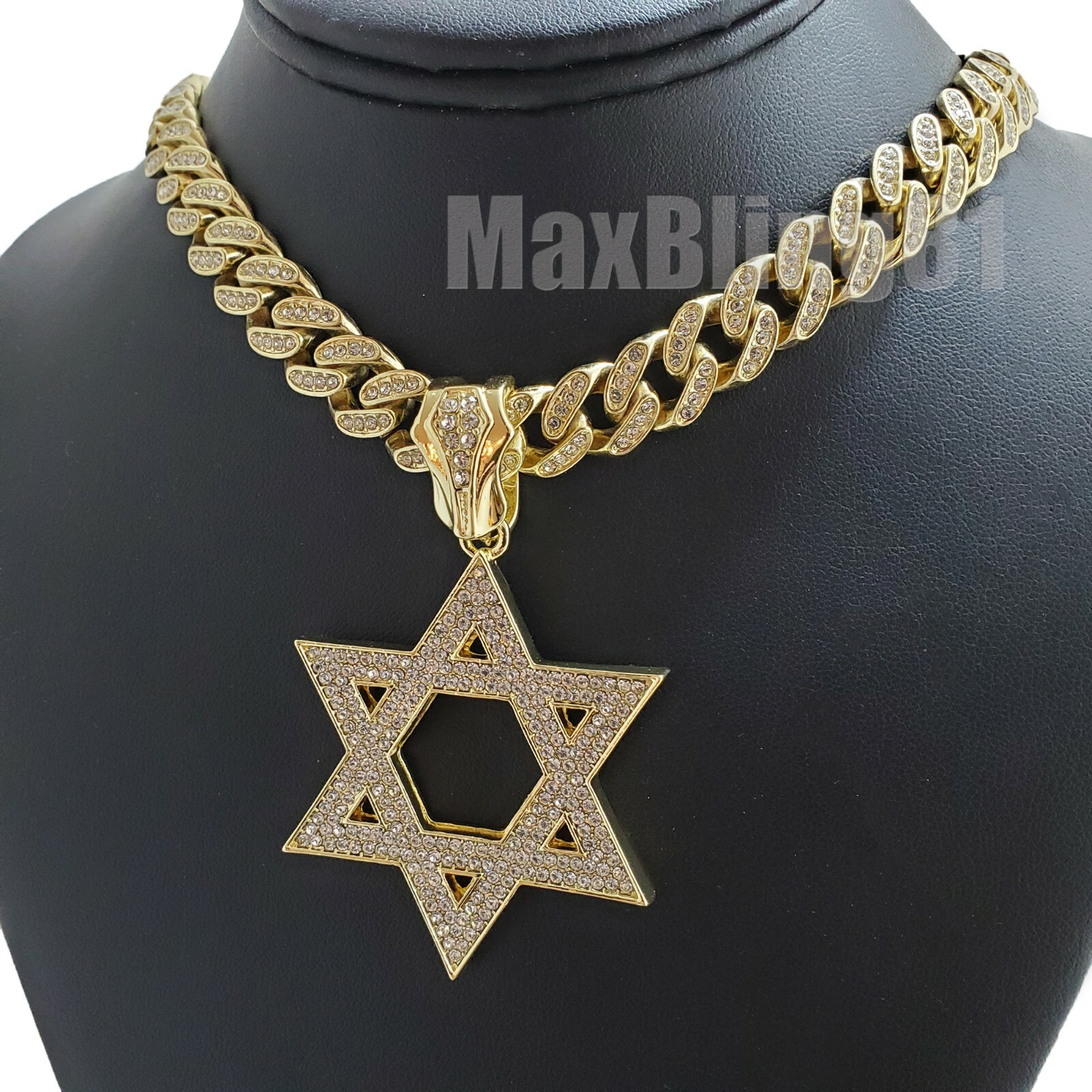 Gold Plated Alloy Star of David Charm & Iced Cuban Cubic Zirconia Chain Necklace