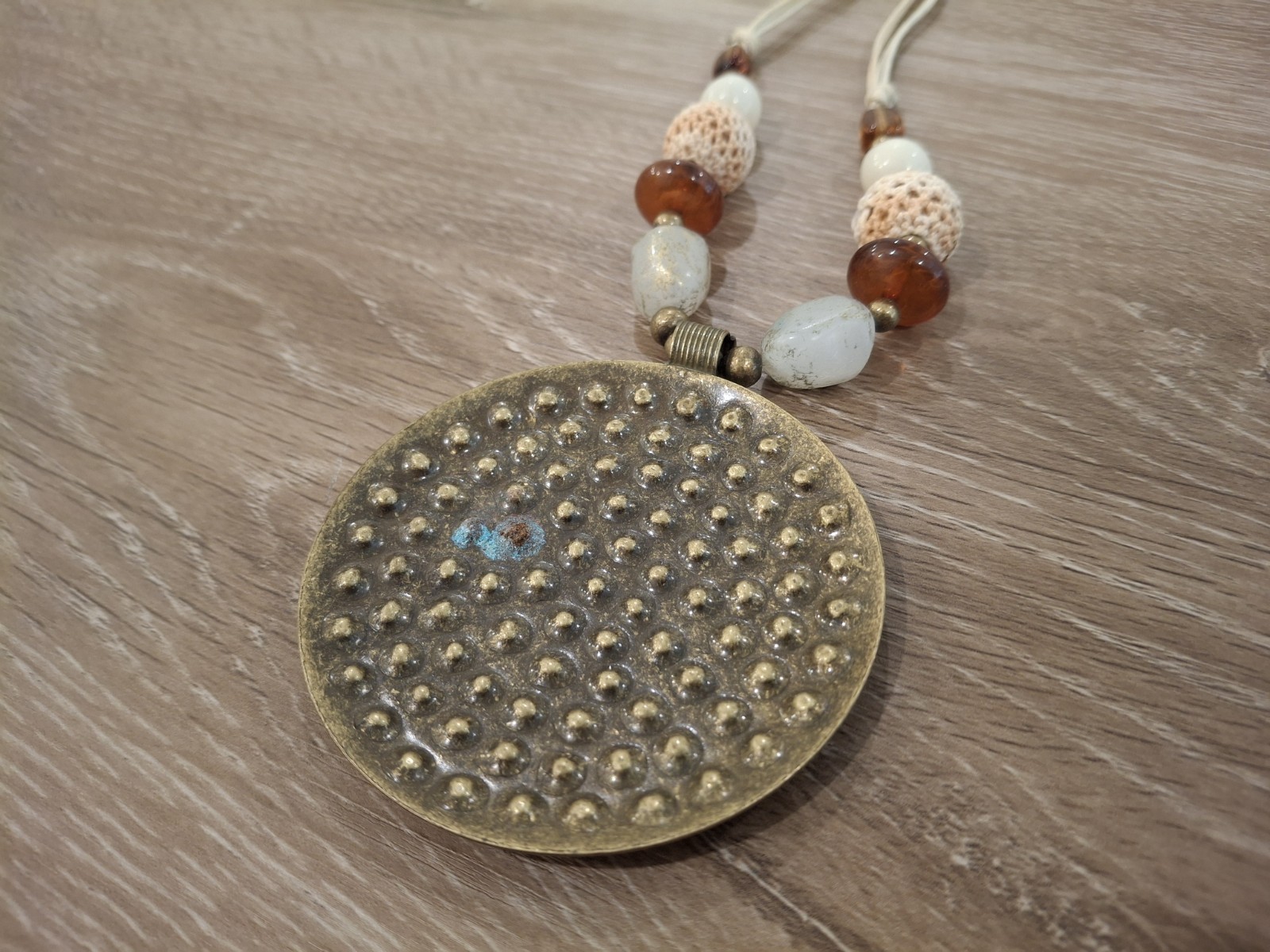 Boho Hammered Brass Tone Round Medallion Pendant Beaded Cord Necklace