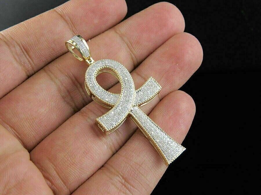 1.80Ct Round Cut Simulated Diamond Ankh Cross Pendant In 14k Yellow Gold Plated