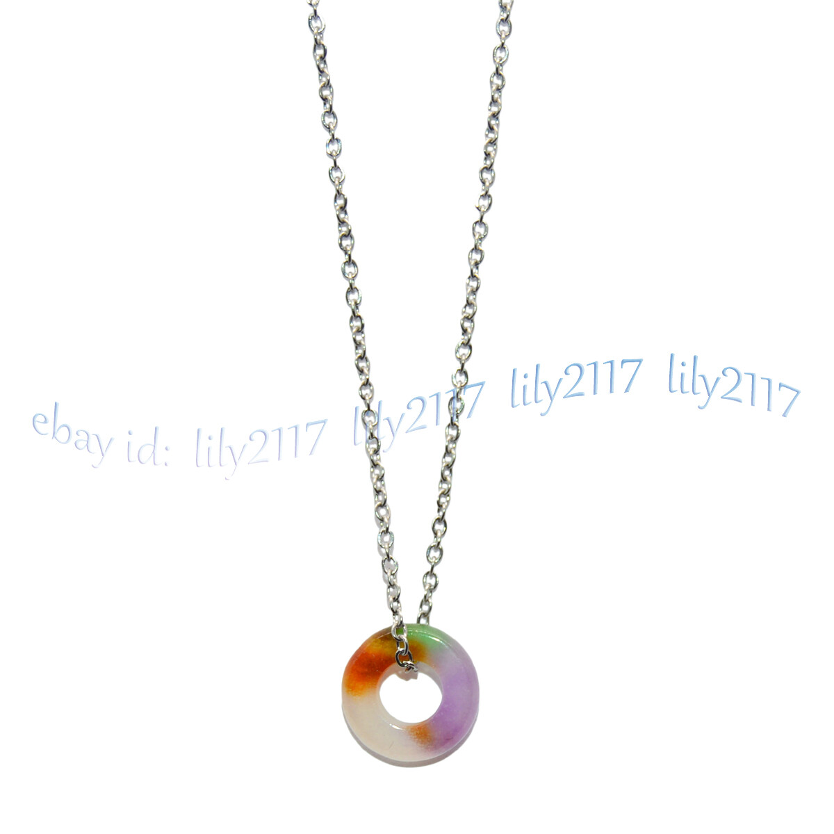 Natural Multicolor Jade 13mm Donut Dangle Pendant Necklace 925 Silver Chain 17”