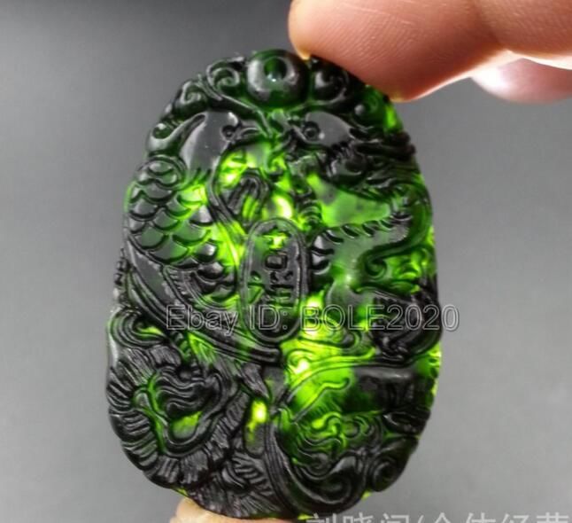 Natural Black Green Jade Carved Chinese Dragon Phoenix Pendant Necklace Jewelry