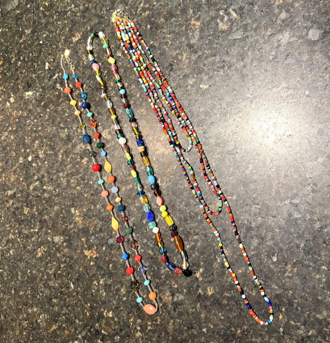 3 Long Necklaces Lot Colorful Glass/Stones/Plastic Beads Various 15-19” Long