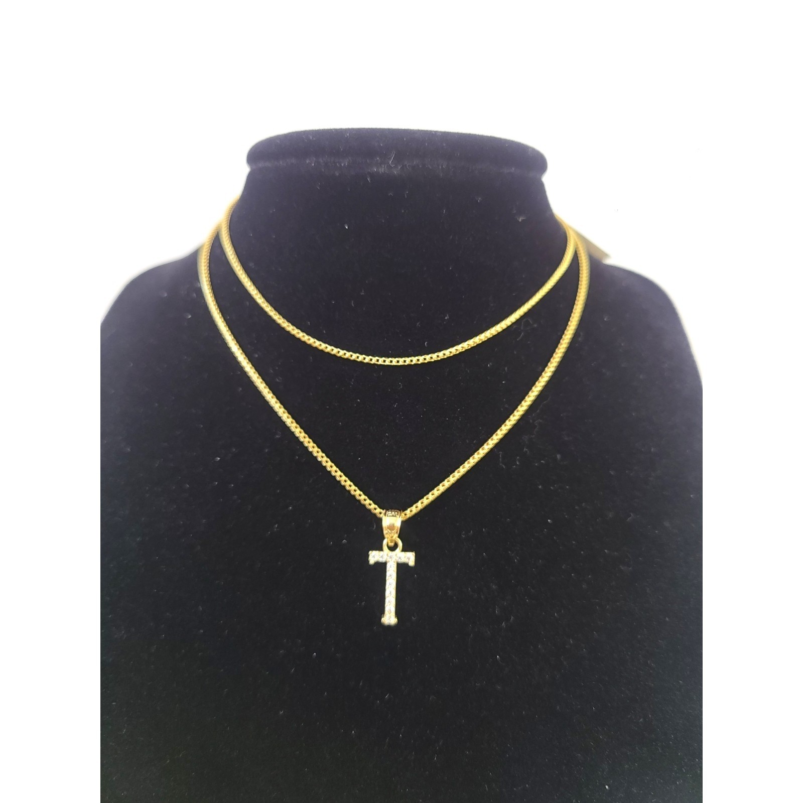 10K Gold Solid Franco Chain T Initial CZ Stone Pendant Set 1mm 16 18 20 22 Women