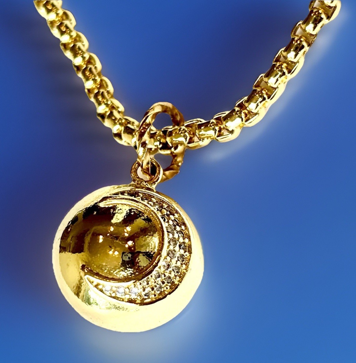 Pave Moon Ball Gold Tone Pendant with Stars Rounded Box Chain Necklace 16″ – 18″