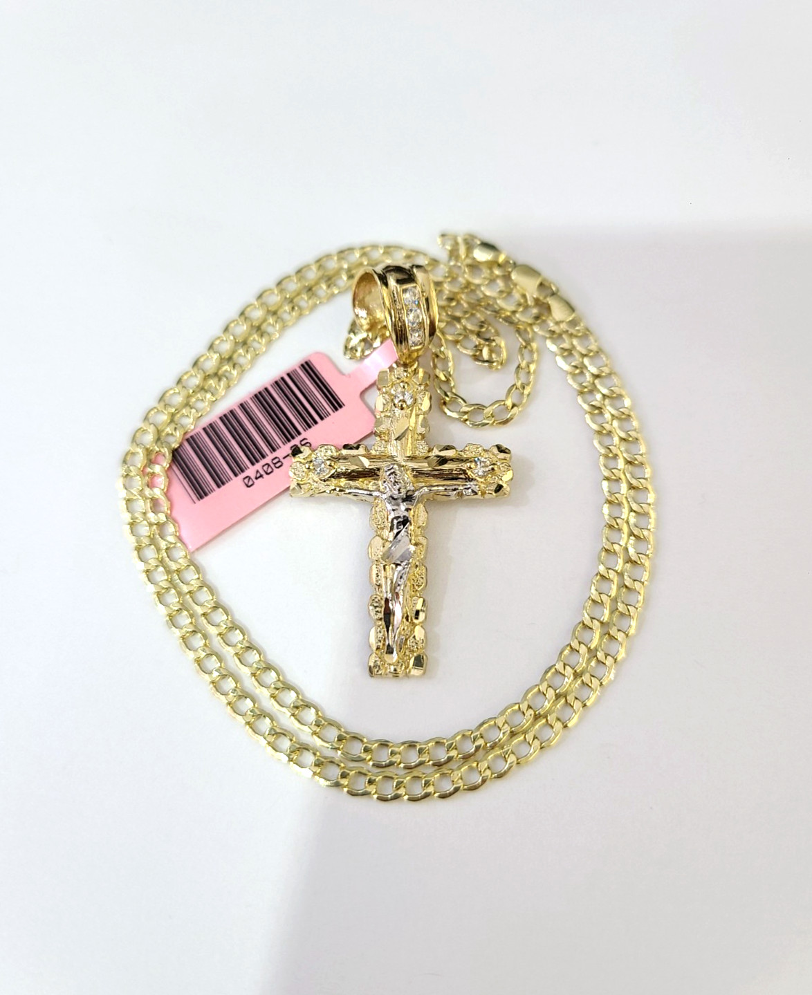REAL 14k Cuban Curb Link Necklace Chain Nugget Cross 2.5mm 16 inches Ladies