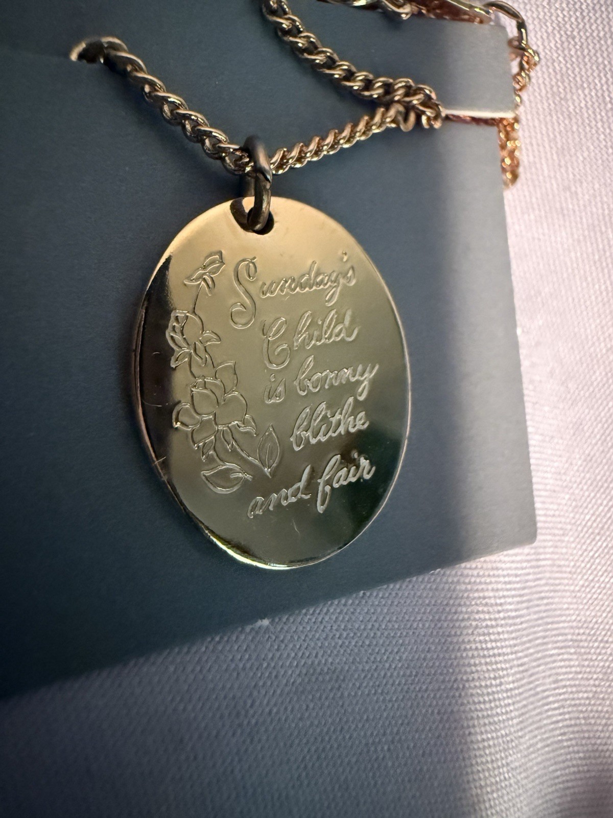 Avon Engraved Gold Pendant Necklace Days of the Week 18″ & 14″ Oval Charm