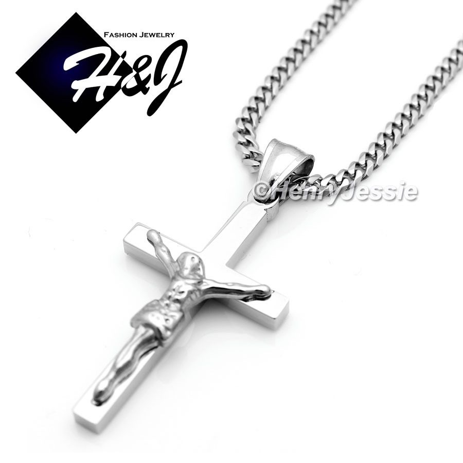 18-32″MEN Stainless Steel 3mm Silver Cuban Curb Chain JESUS Cross Pendant*SP62