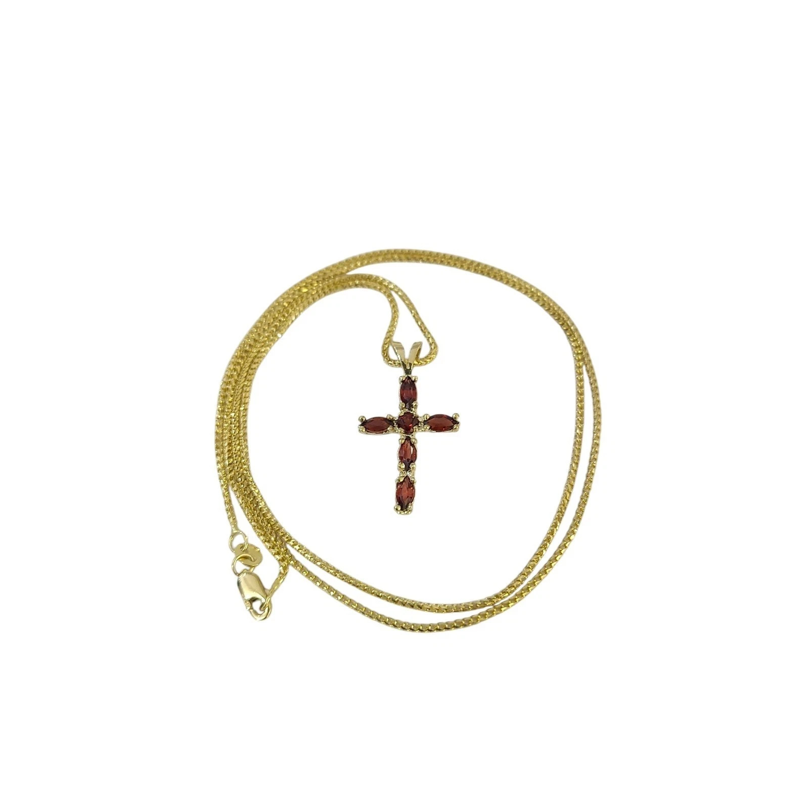 10K Yellow Gold Franco Chain Red CZ Cross Pendant Necklace 1mm 16 18 20 22 Women