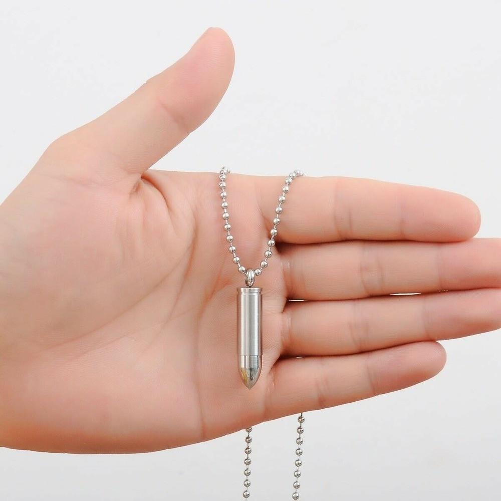 Mens Stainless Steel Necklace Open Bullet Pendant Pill Case Holder Male Jewelry