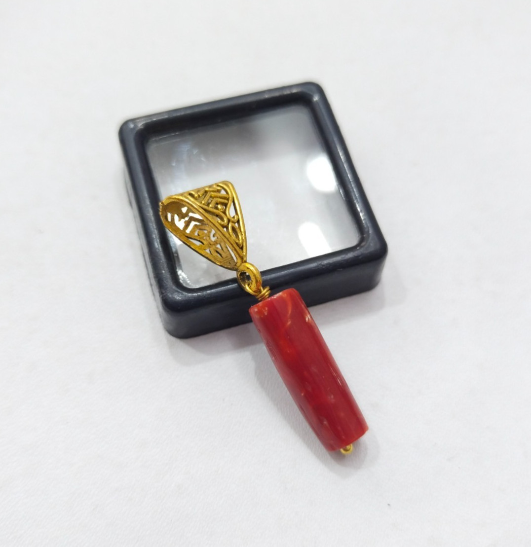 100%Natural Italian Red Coral Brass Pendant, Polished Unisex Jewelry (37 mm)