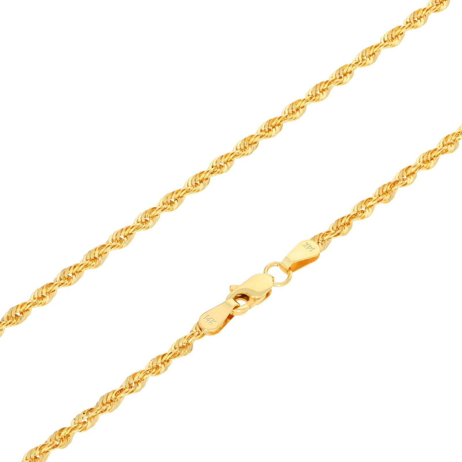 14K Yellow Gold 1mm-4mm Laser Diamond Cut Rope Chain Necklace Men Women 16″- 30″