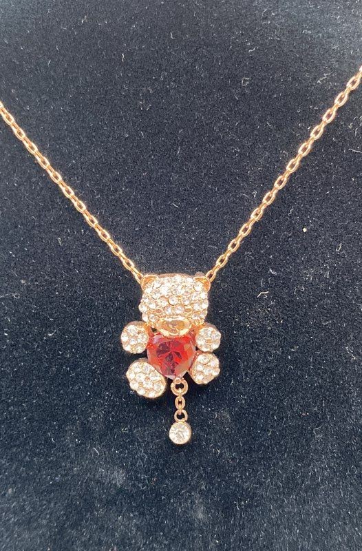 18K Gold Plated Teddy Bear Pendant Necklace Red Heart Clear Crystals 18″