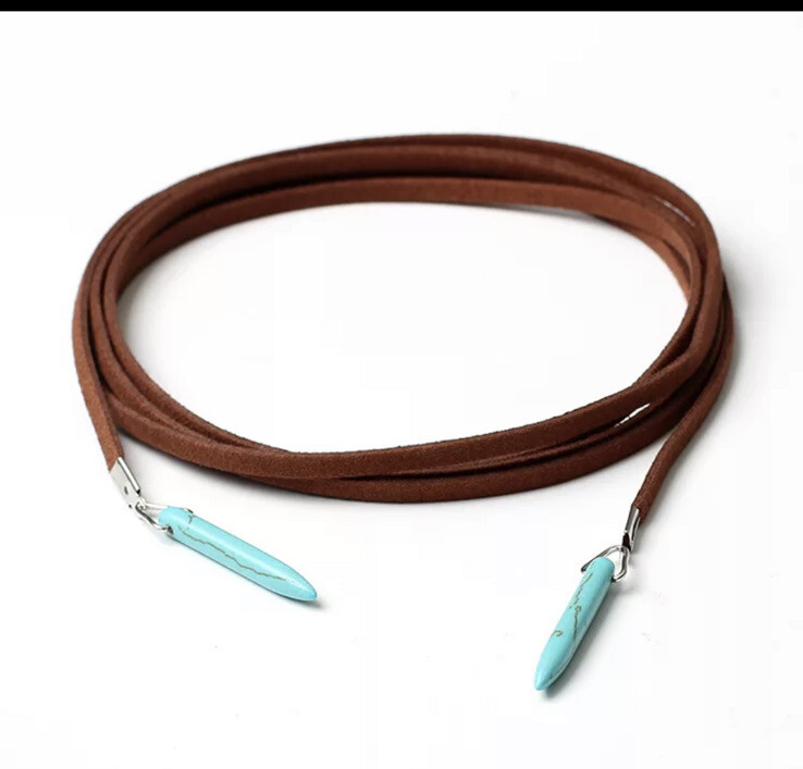 Long Turquoise Leather Necklace Suede Wrap Around Choker