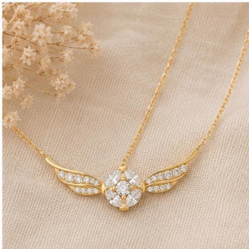 Fantasy Winged Necklace | Sterling Silver Pendant | CZ Diamonds, Gold Finish