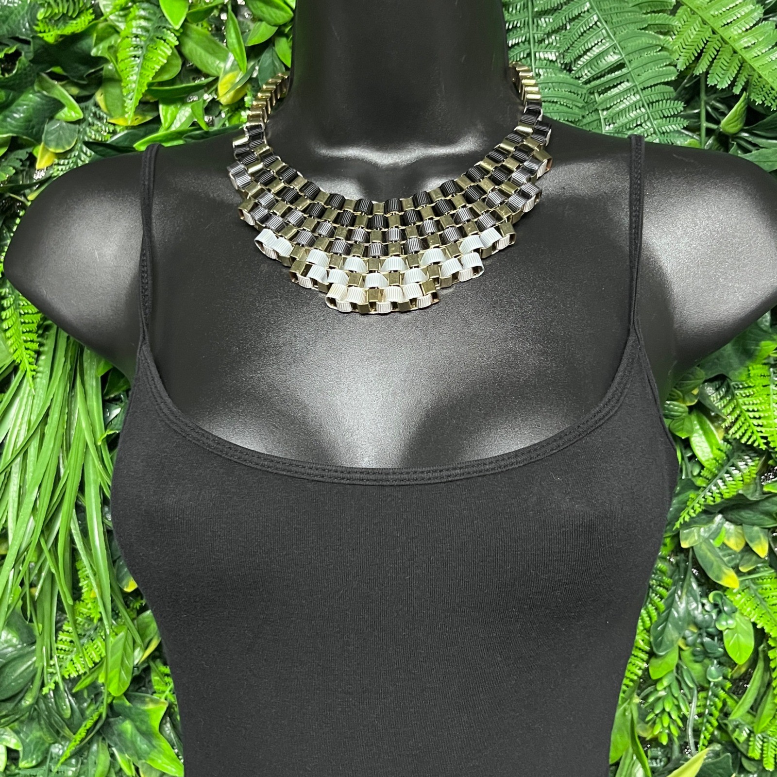 Ribbon Tiered Statement Bib Necklace Black Grey Gold Tone Woven Collar 3801