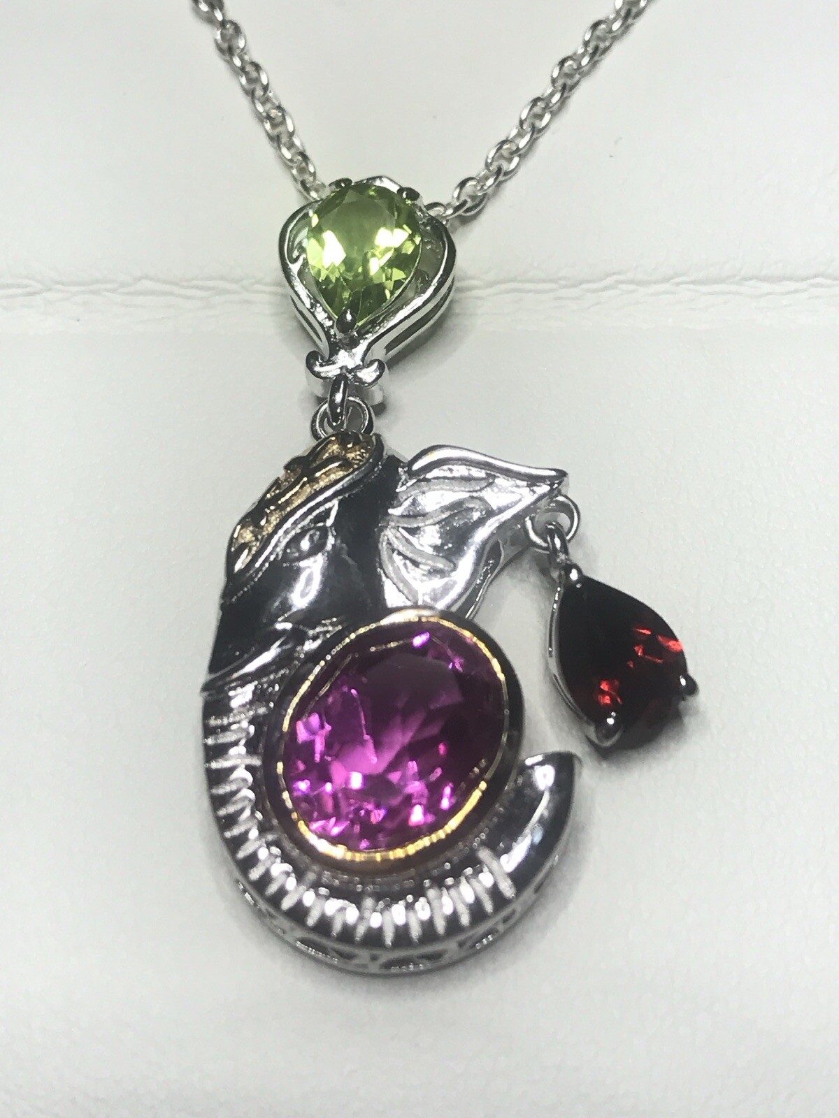 Gold And Silver Plated Elephant Profile Pend With Multi Color Stones & 20” Chain