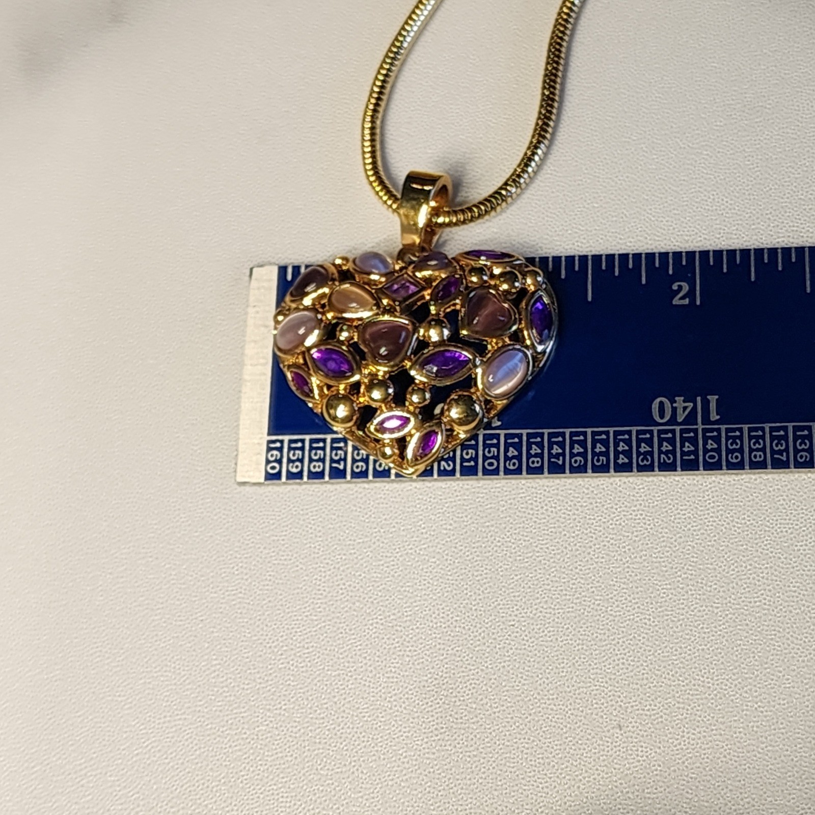 Roman Heart Pendant Necklace Gold Tone Purple Pink Cabochon Stone Snake Chain