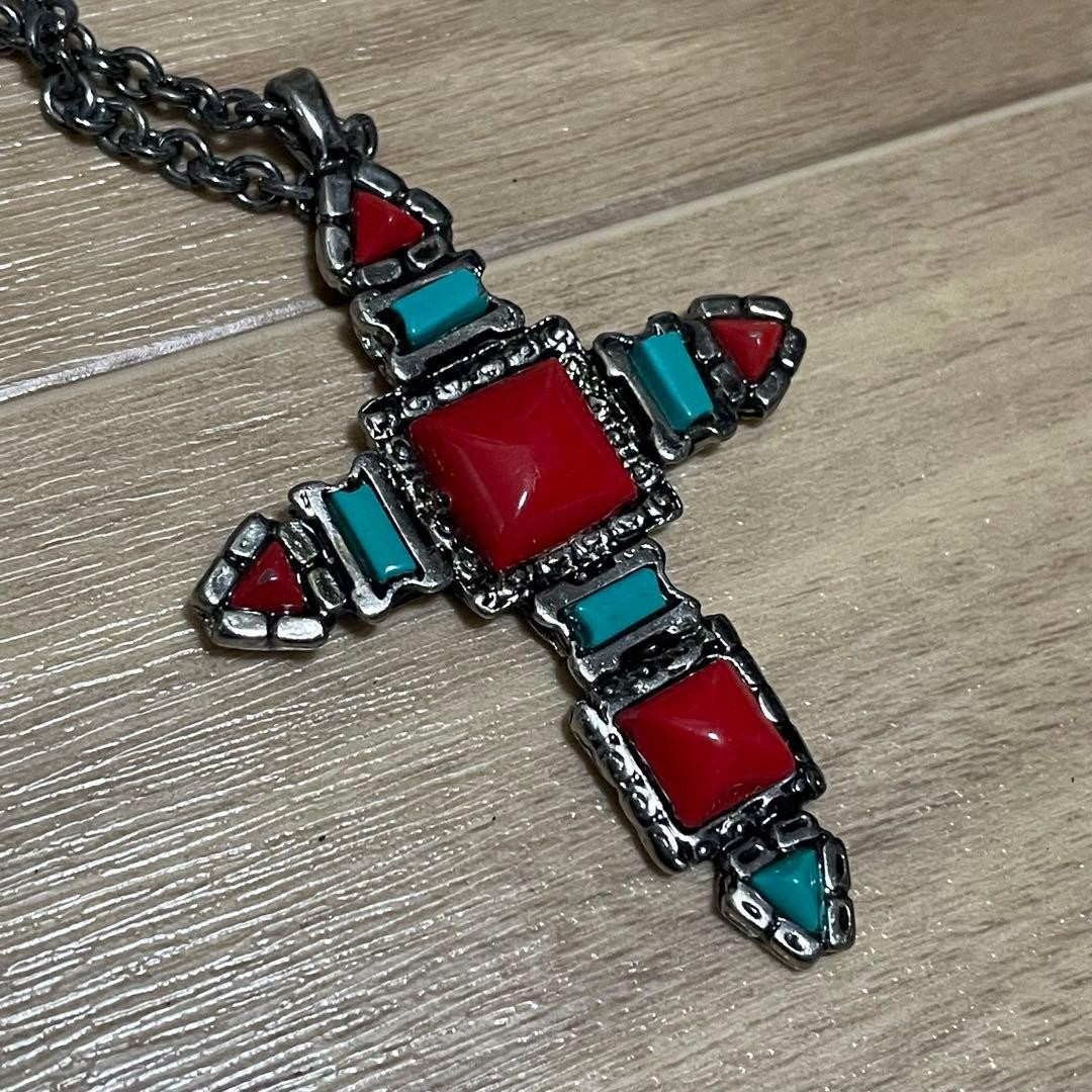 Dolce & Gabbana Large Cross Necklace Red Turquoise Stone Length: 15 in. Vintage