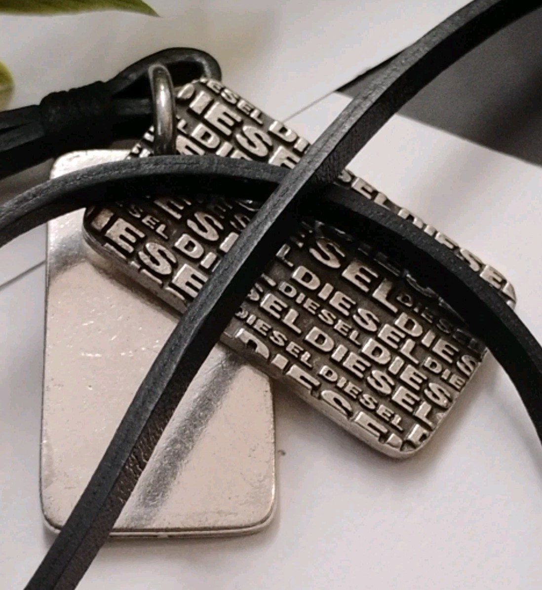 Designer DIESEL 26″ Black Leather Cord Dog Tag Style AS-IS Necklace!