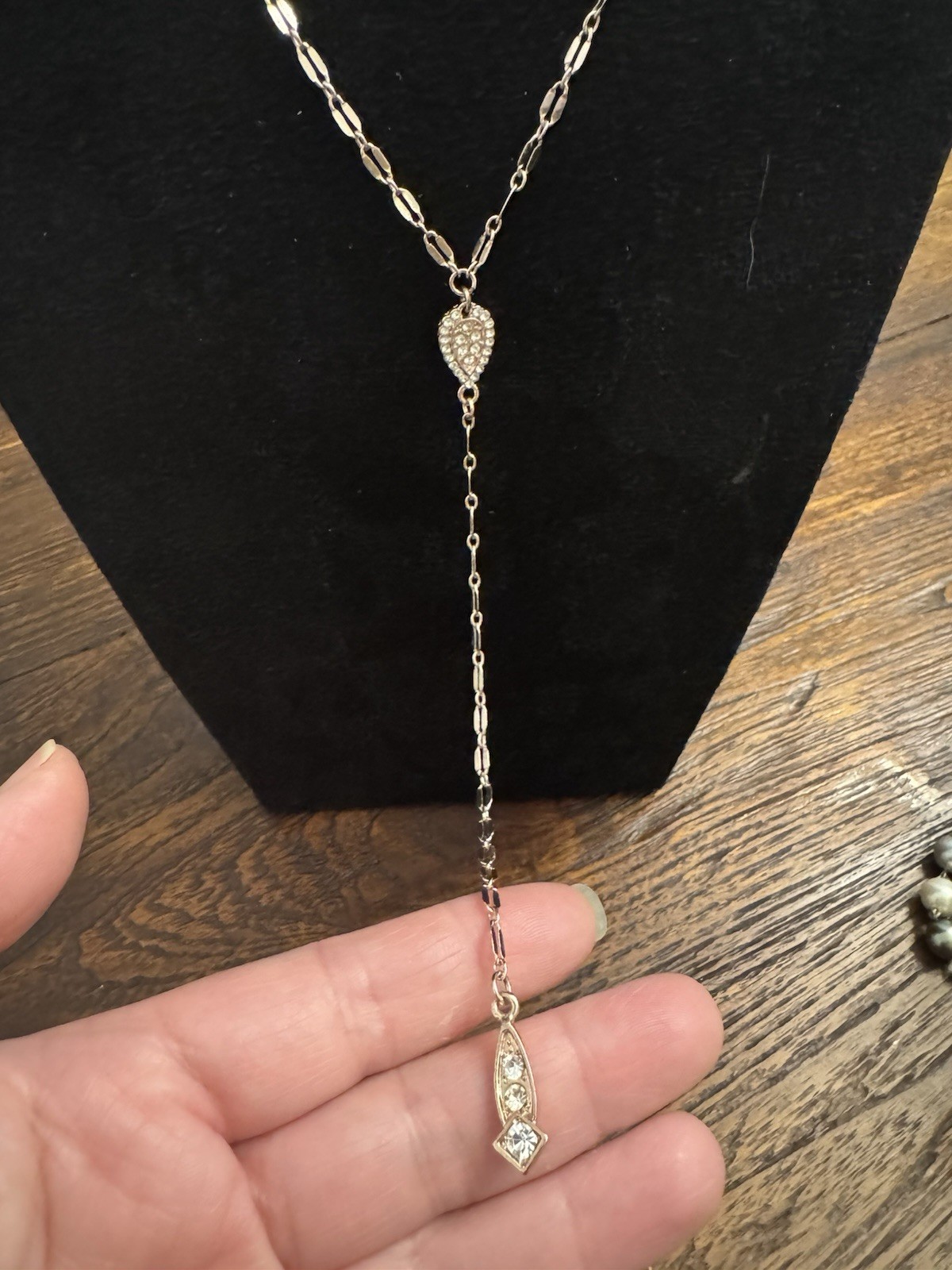 Rose Gold Tone Layered Y Necklace Leaf Charm Rhinestone Pendant Adjustable
