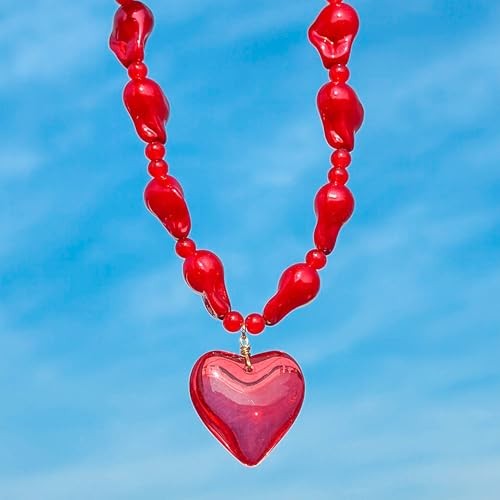 Valentine’s Day Red Heart Necklace for Women Cute Imitation Pearl style C