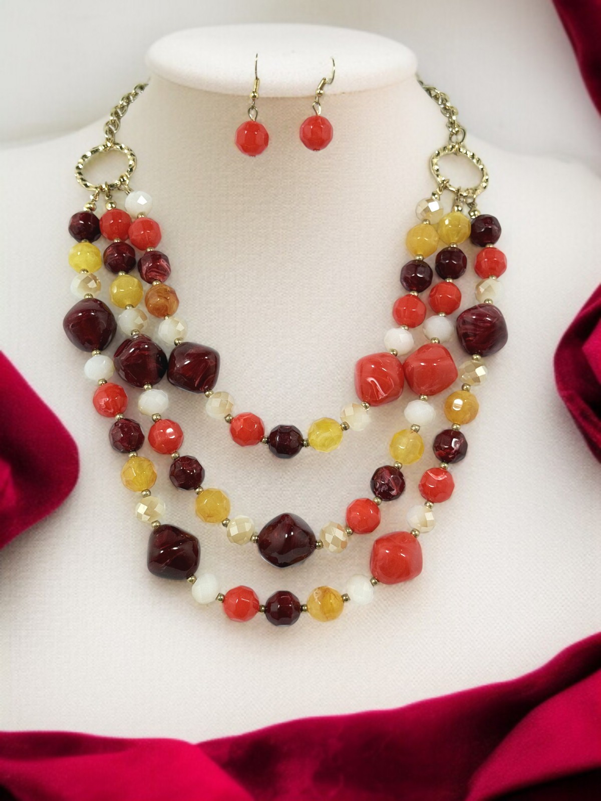 Colorful Multi-Strand Acrylic Bead Necklace & Earrings Set, Retro Color Necklace
