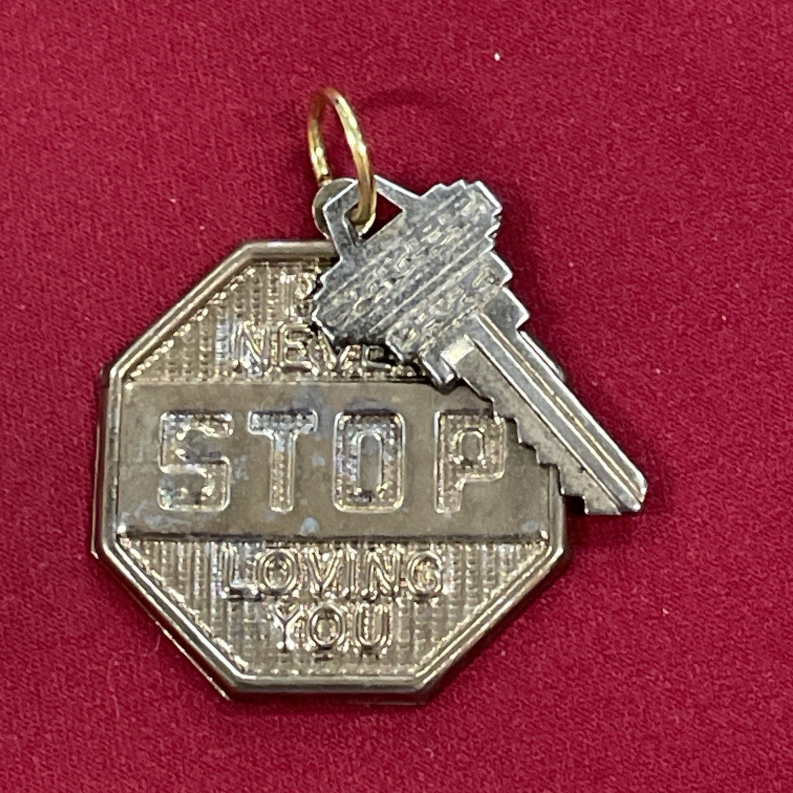 Gold Toned “I’ll Never Stop Loving You” Stop Sign & Key Charm Pendant