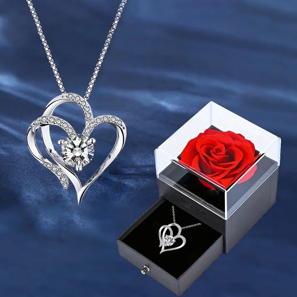 Valentine’s Day Gift Necklace Heart Charm& Luxury Rose Gift Girlfriend Wife Her
