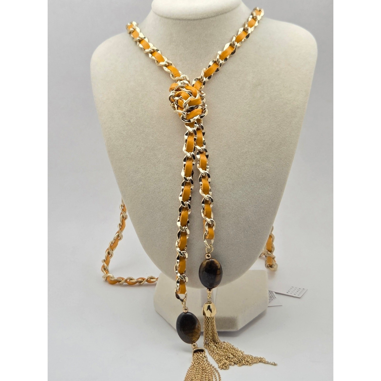 NWT White House Black Market Yellow Leather Gold Chain Lariat Tassel Necklace