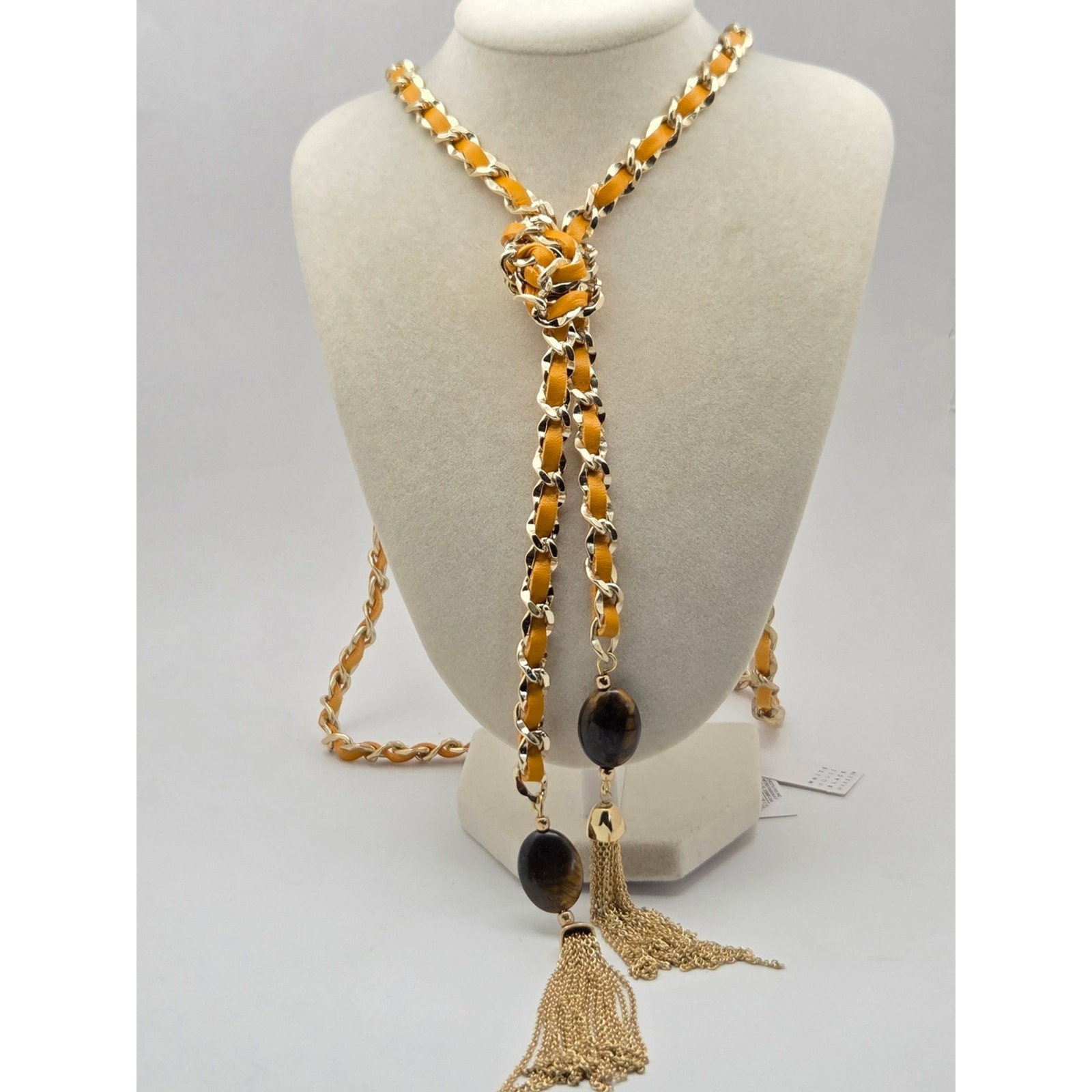 NWT White House Black Market Yellow Leather Gold Chain Lariat Tassel Necklace