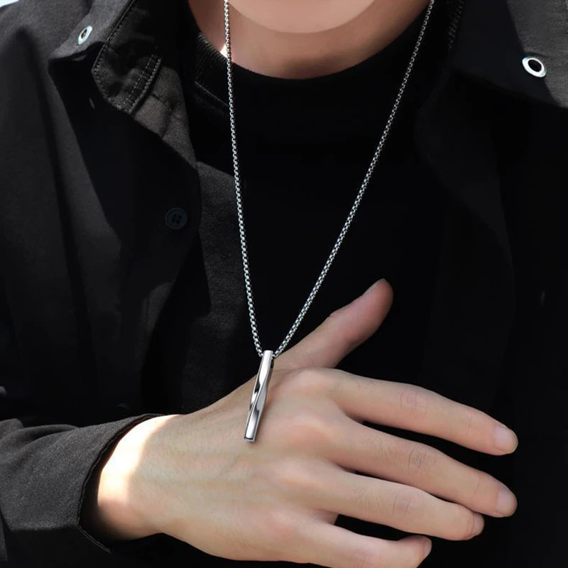 Men’s Fashion Jewelry Minimalist Twisted Silver Bar Pendant Necklace 351