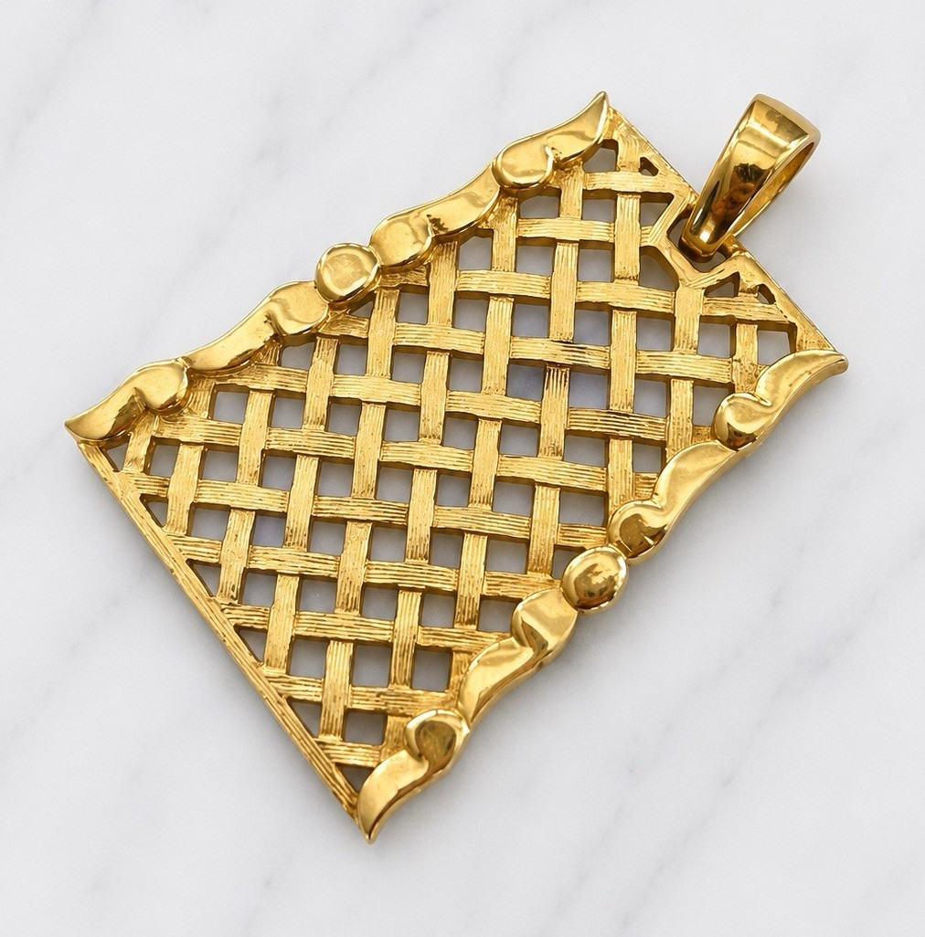 Vintage Gold Tone Openwork Lattice Pendant Charm Geometric Statement Jewelry
