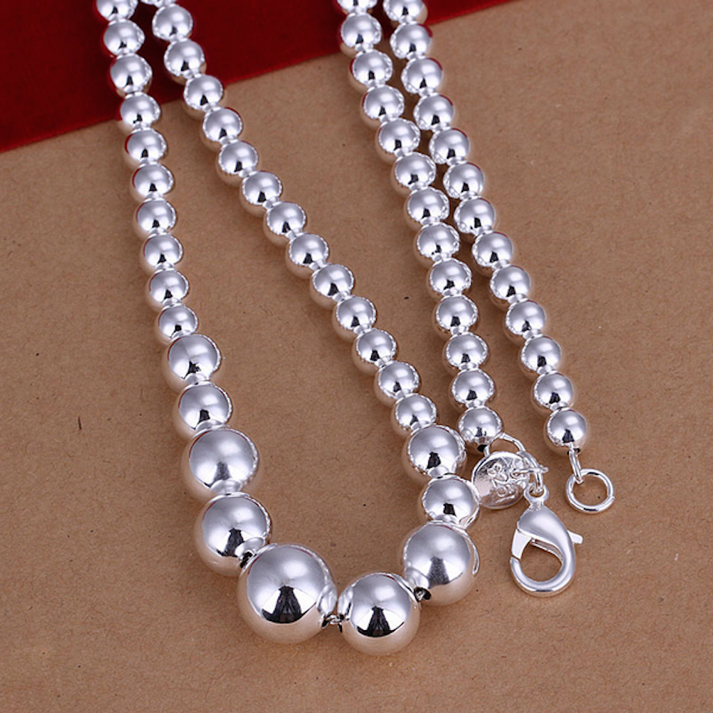 925 Sterling Silver Plated Necklace Hollow Beads Balls 18 Inches 8MM Lobster B93