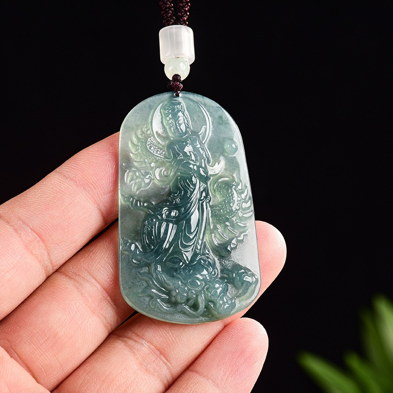 Natural Blue Water Jadeite Dragon Avalokiteshvara Pendant Unisex Adult Necklace