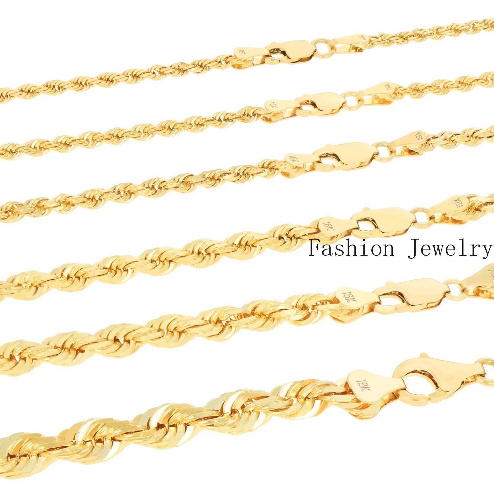 18K Yellow Gold Solid 2mm-6mm Rope Diamond Cut Chain Italian Necklace 16″- 30″