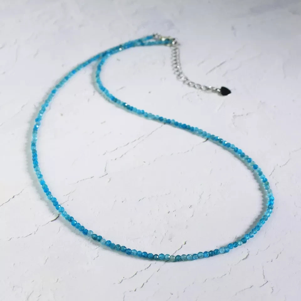 2mm Blue Apatite Choker Necklace Dainty Crystal Beaded Minimalist Gift for Her