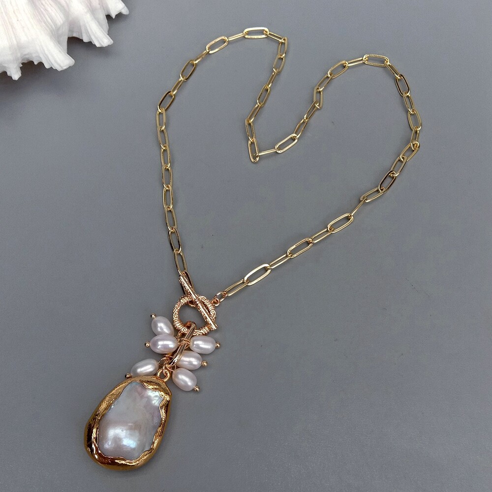 White Keshi Pearl Pendant Gold Plated Chain Necklace Simple Gift Natural Pearl
