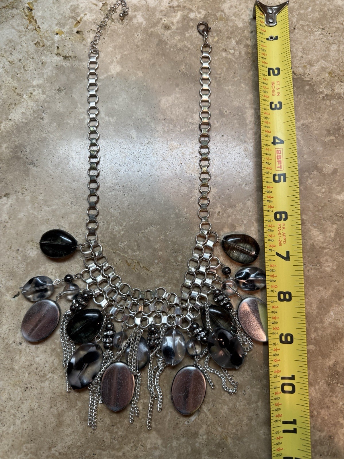 Chunky Bib Fringe Necklace Acrylic Black Grey Metal Drop Beads