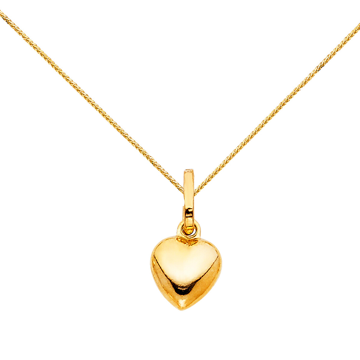 14k Yellow Gold Heart Pendant with 0.8 mm Square Wheat Chain 16″ 18″ 20″ 22″ 24″