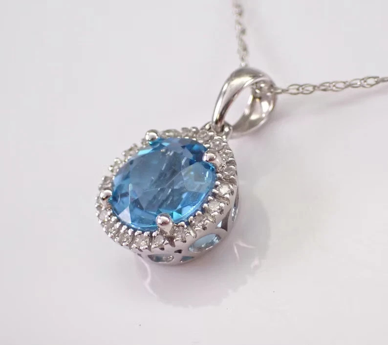 2.00Ct Round Cut Simulated Blue Topaz Halo Pendant Chain 14k White Gold Plated