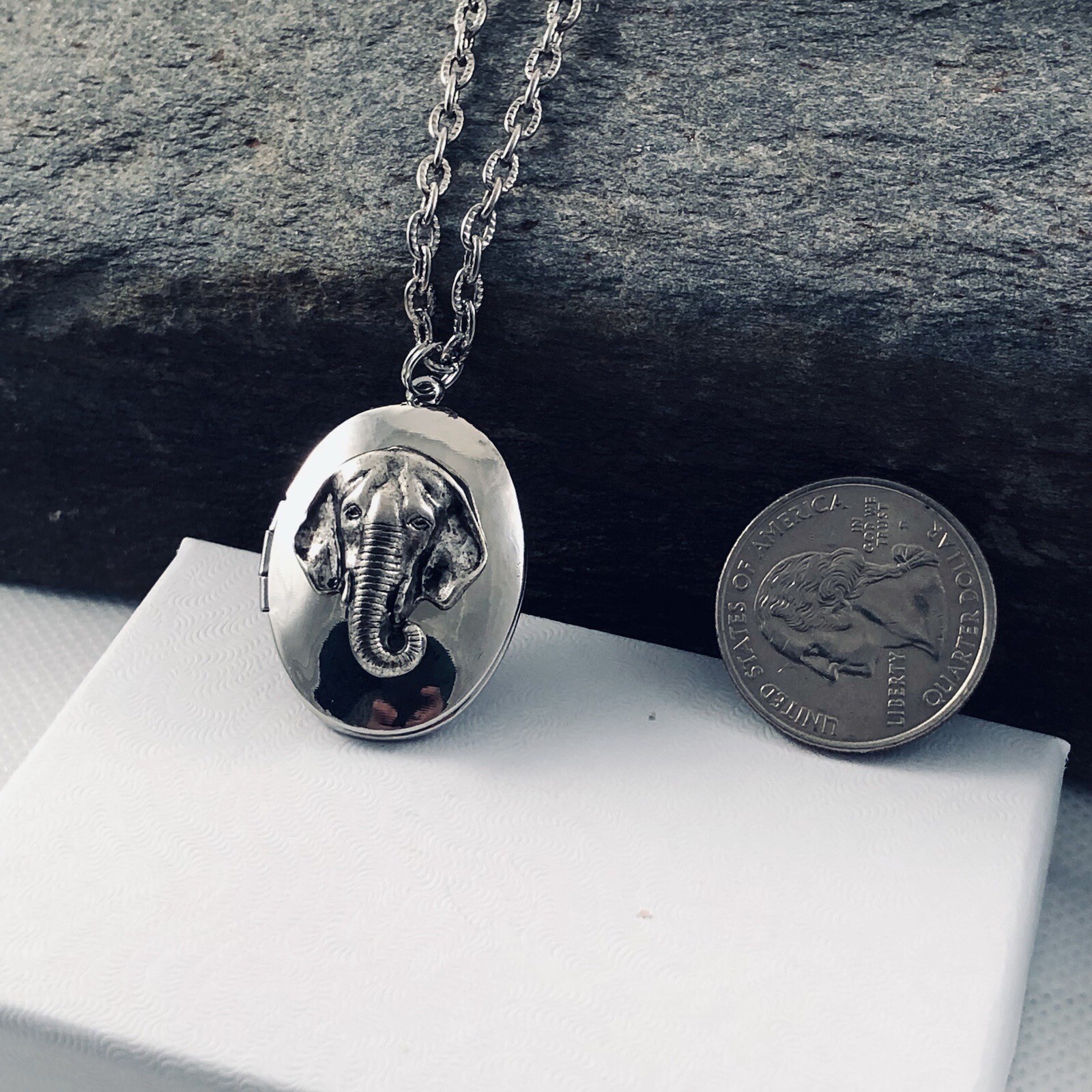 Vintage Elephant Head Locket Necklace, Silver plated Photo Pendant, Pillbox