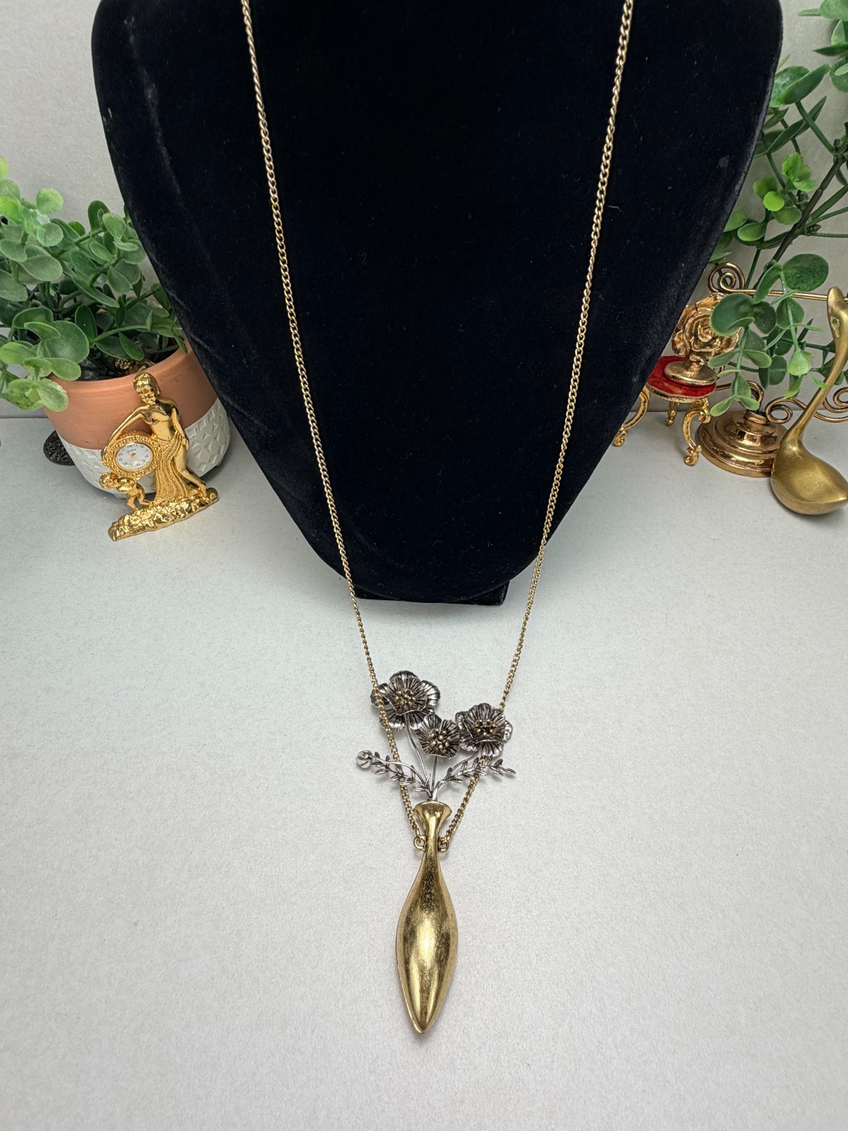 Zara Floral Vase Pendant Necklace Silver And Gold Runway Statement Chic NWOT