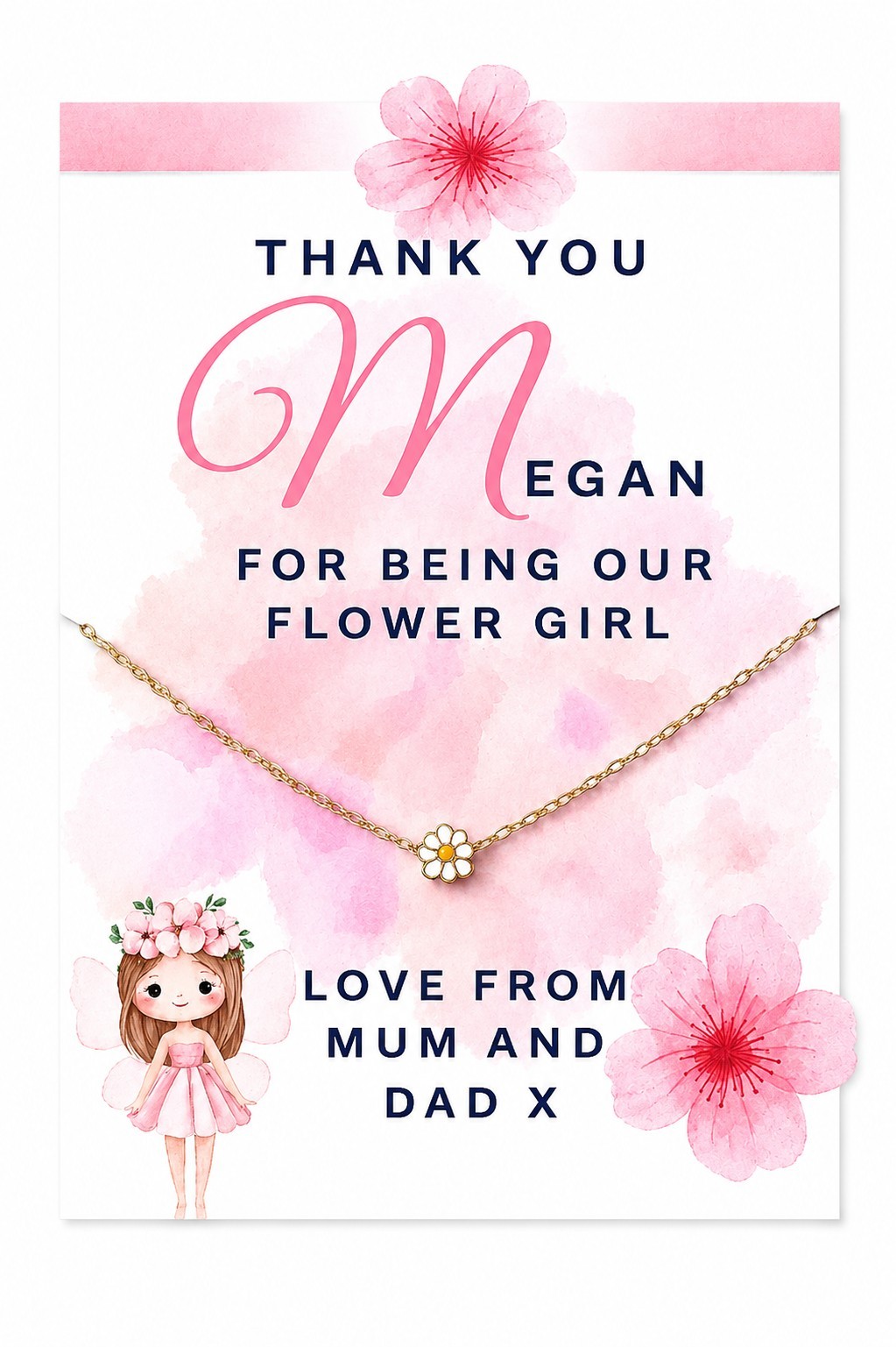 Thank You Little Flower Girl Necklace Gift Present Personalised Card