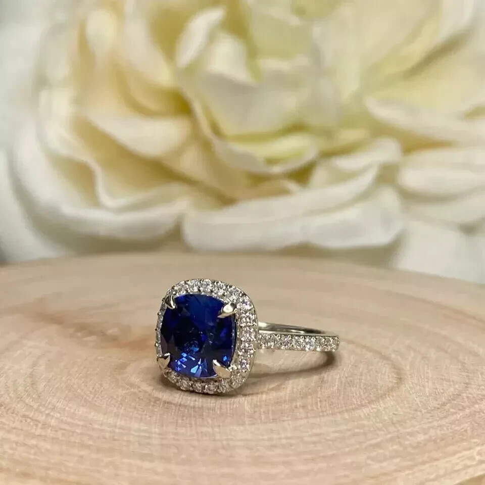 2.40 Ct Natural Blue Sapphire Diamond Engagement Ring 14K White Gold Size 8.5
