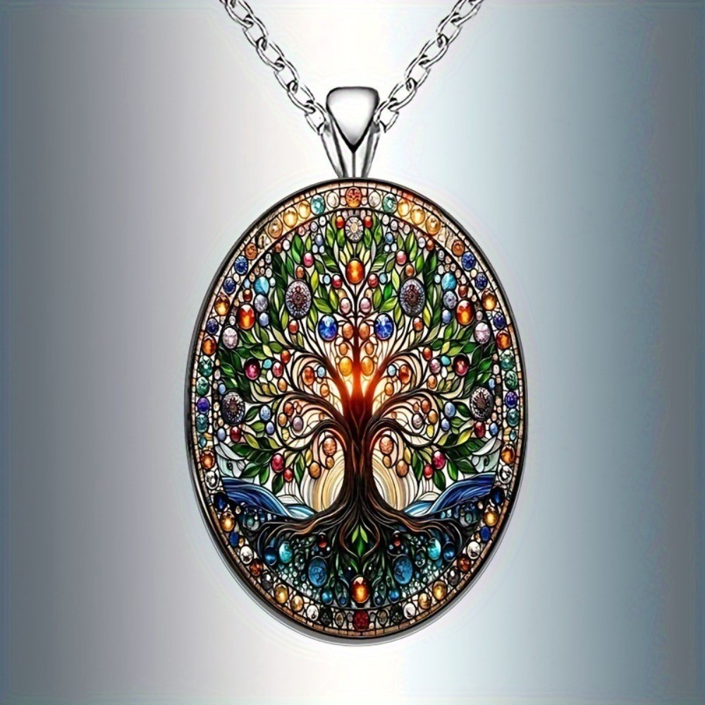 Retro alloy Tree Pattern Hanging of Life Oval Stained Glass Pendant Necklace