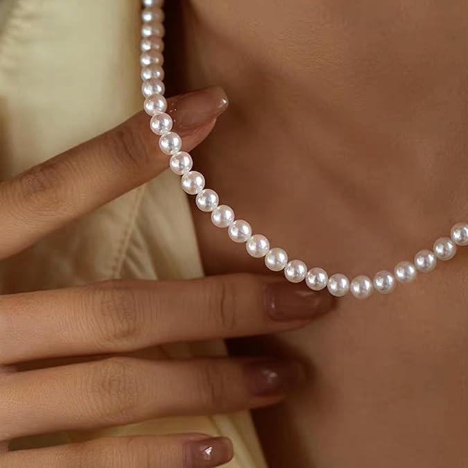 8mm White Round Pearl Beads Necklace for Women and Men Gold Clasp