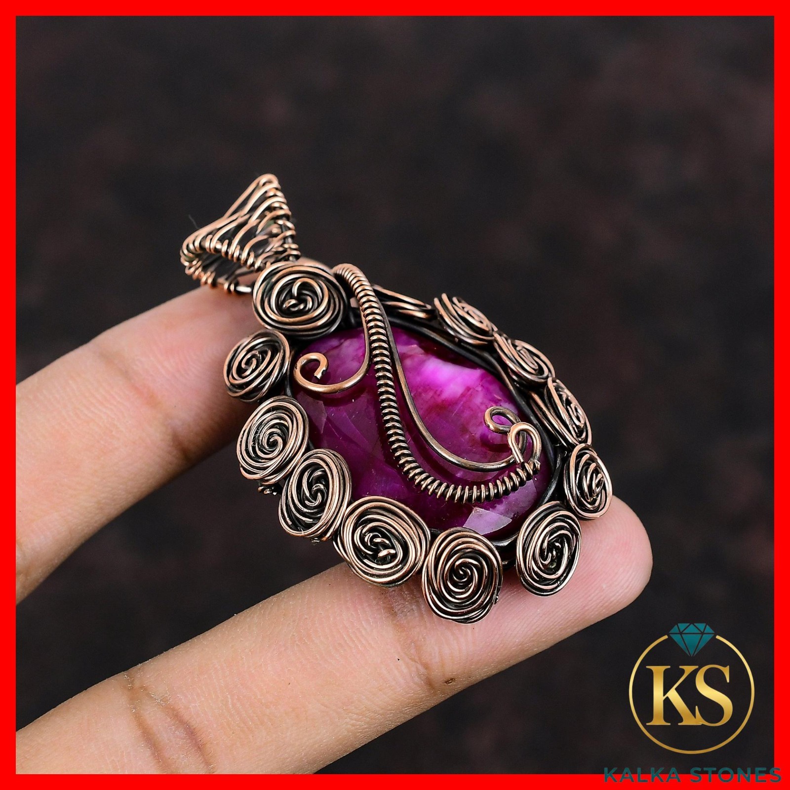Copper Oval Kashmir Rubi Stone Daughter Wire Wrapped Flower New Pendant Jewelry